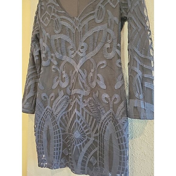 Sheilay Womens Navy Blue Embroidered Long‎ Sleeve V Neck Bodycon Dress Sz M - Picture 3 of 6